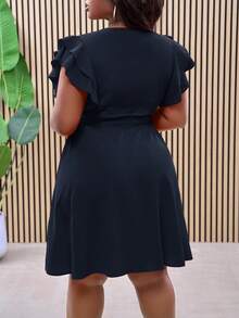 Slaydiva Plus Size Red Double Ruffle Wrap-Style Side Tie Waist A-Line Summer Vacation Dress - Navy Blue - View 2