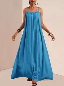 Slaydiva Gaun Maxi Kasual Ukuran Besar Warna Polos, Gaun Santai, Gaun Musim Panas untuk Wanita - Mint Blue - View 8