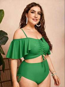 Swim Chiccia Women's Solid Color Spaghetti Strap Off-Shoulder 2-Piece Bikini Set With Ruffles And Drawstring - Elegant And Stylish For Vacation - Green 2 - View 3