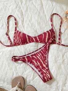 2pcs/Set Women's Random Print Spaghetti Strap Sexy Bikini Set, Summer - Multicolor - View 3