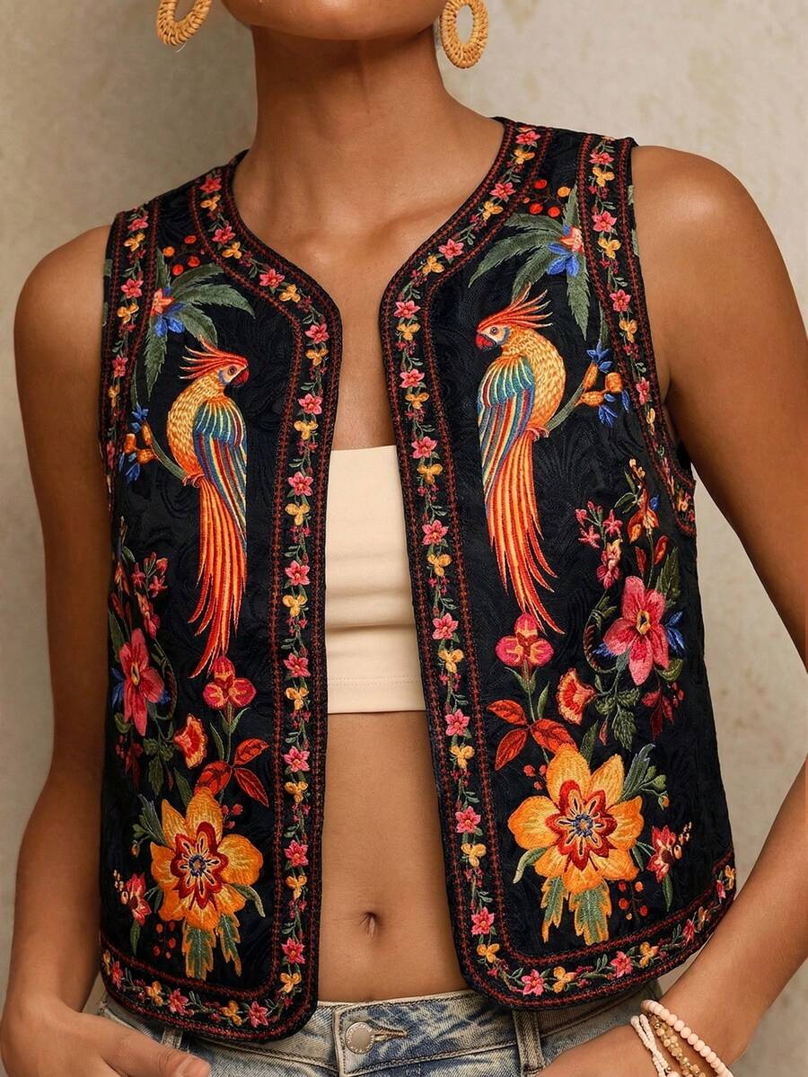 Travachic 女款花卉與鸚鵡刺繡開襟輕量背心外套,波希米亞休閒風,優雅鄉村風 - 黑色 - 查看 1