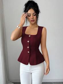 Rafferiza Áo camisole nữ màu đỏ tía, thời trang, thanh lịch, đa năng, thắt eo, cài sau, cổ vuông, khóa kim loại trang trí, thích hợp cho mùa xuân/hè. - Màu Đỏ Sâu - Xem 4