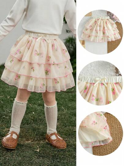 SHEIN 4-7 Years Old Girls' 3-Tier Pink Embroidered Casual Skirt, Refreshing & Comfortable For Summer Daily, Outings, Holidays, Spring/Summer Wear For Young Girls