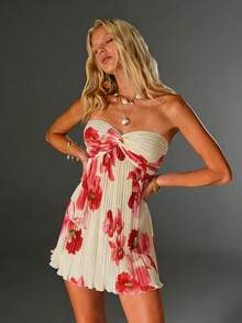 TRNVIE Romantic Pleated Floral Print Twist Front Mini Dress, Suitable For Spring/Summer Vacation - Apricot - View 3