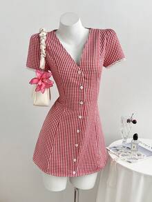 Elamini Đầm nữ kẻ caro cổ chữ V tay ngắn cài một hàng khuy kiểu dáng thường ngày - Đỏ - Xem 5