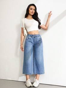 SHEIN Tall Quần jeans ống rộng dáng casual dành cho nữ, đã qua xử lý giặt. - Rửa trung bình - Xem 7
