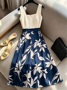 Qadelle Apricot Color Floral Print Fitted Elegant Dress For Women - Multicolor - View 2