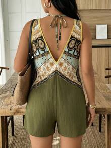 Weeklong Plus Size Twist Knot Camisole,Palace Floral Print Patchwork Textured Fabric Military Green Romper,Boho Light Blue Summer Vacation Casual Jumpsuit - Multicolor - View 2