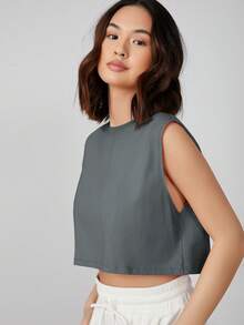 SHEIN BASICS Women's Simple Solid Color Cropped Loose Tank Top, Versatile For Summer,Summer Top - Dark Grey - View 3