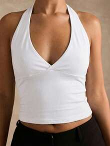 SHEIN BAE Casual Minimalist White Halter Neck Tank Top, Suitable For Summer - White - View 3