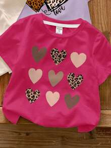 4pcs/Set Baby Girl Casual Summer School T-Shirt,Brown And White Polka Dot Mama's Girl Leopard Print Heart & Letter Round Neck Short Sleeve Tee Tops - Multicolor - View 3