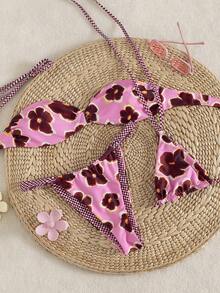 Swim Vcay Women's Latest Fashion Beach Outfit, Pink Floral & Sweet Plaid Reversible 3 PiecesSwimsuit Set, Spring/Summer Cheetah Print Leopard Print Womans Bikini Sets Bikinis For Women Sets Women Swim Suit Set Bikini With Flower - Multicolor - View 1