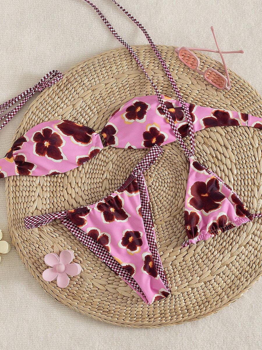 Swim Vcay Women's Latest Fashion Beach Outfit, Pink Floral & Sweet Plaid Reversible 3 PiecesSwimsuit Set, Spring/Summer Cheetah Print Leopard Print Womans Bikini Sets Bikinis For Women Sets Women Swim Suit Set Bikini With Flower - Multicolor - View 1