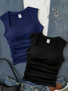 SHEIN Teen Girls' Black & White Ribbed Ruched Crew Neck Sleeveless Camisole Layering Set - Navy Blue - View 1