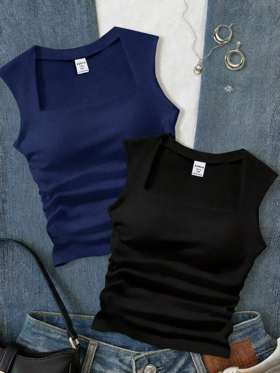 SHEIN Teen Girls' Black & White Ribbed Ruched Crew Neck Sleeveless Camisole Layering Set - Navy Blue - View 1