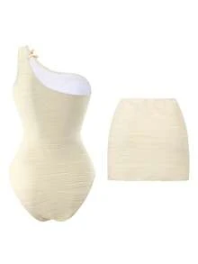 Swim Conjunto de 2 piezas de traje de baño de una sola pieza con falda con abertura alta, con un hombro, decoración de estrella de mar de metal y textura de tela ondulada beige, para primavera/verano 2026 para mujer - Beis - Ver 4