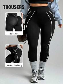 Rhythm Era Plus Size Women Contrast Color Slim Fit Casual Sports Leggings - Black and White - View 1