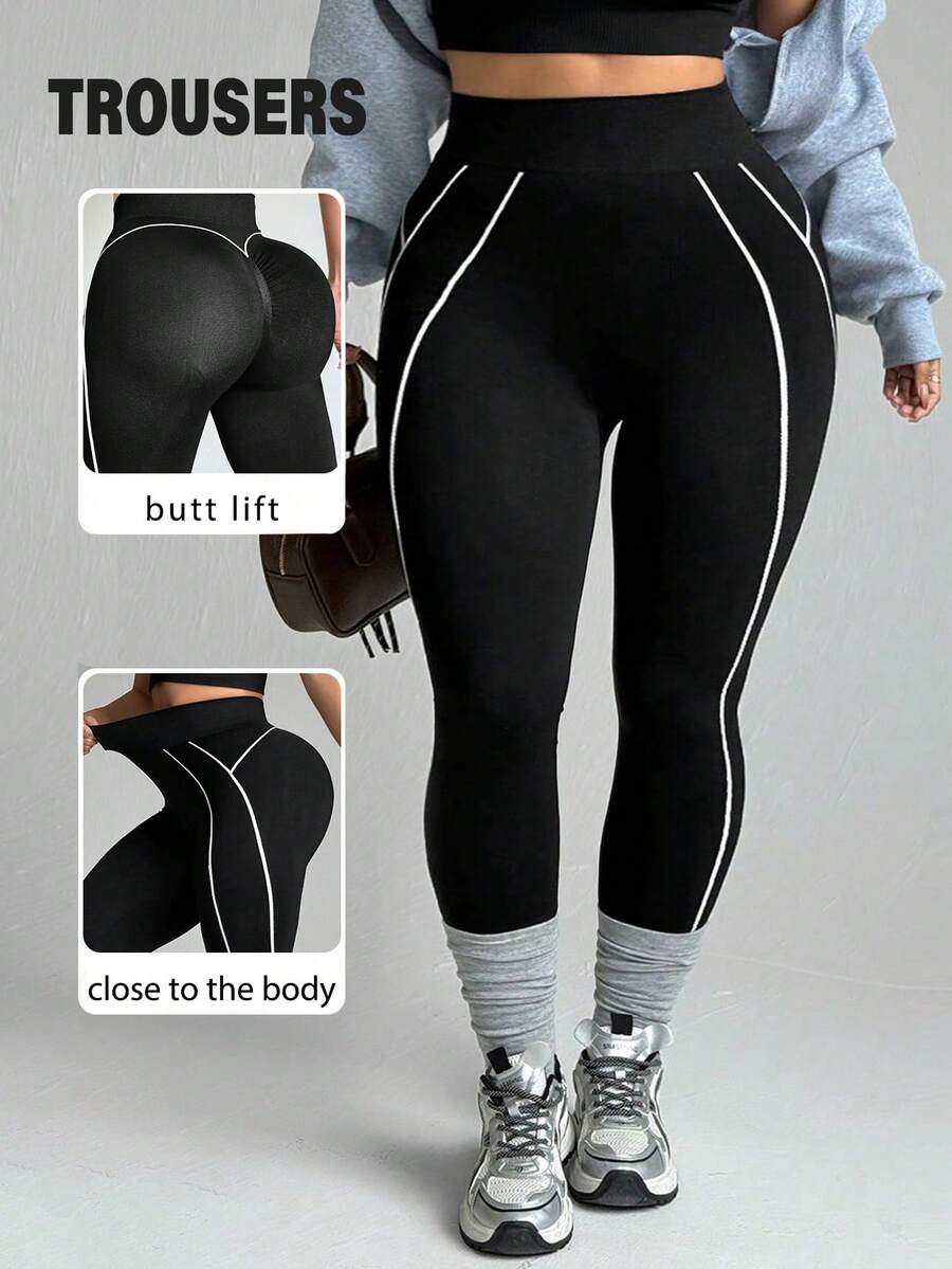 Rhythm Era Plus Size Women Contrast Color Slim Fit Casual Sports Leggings - Black and White - View 1