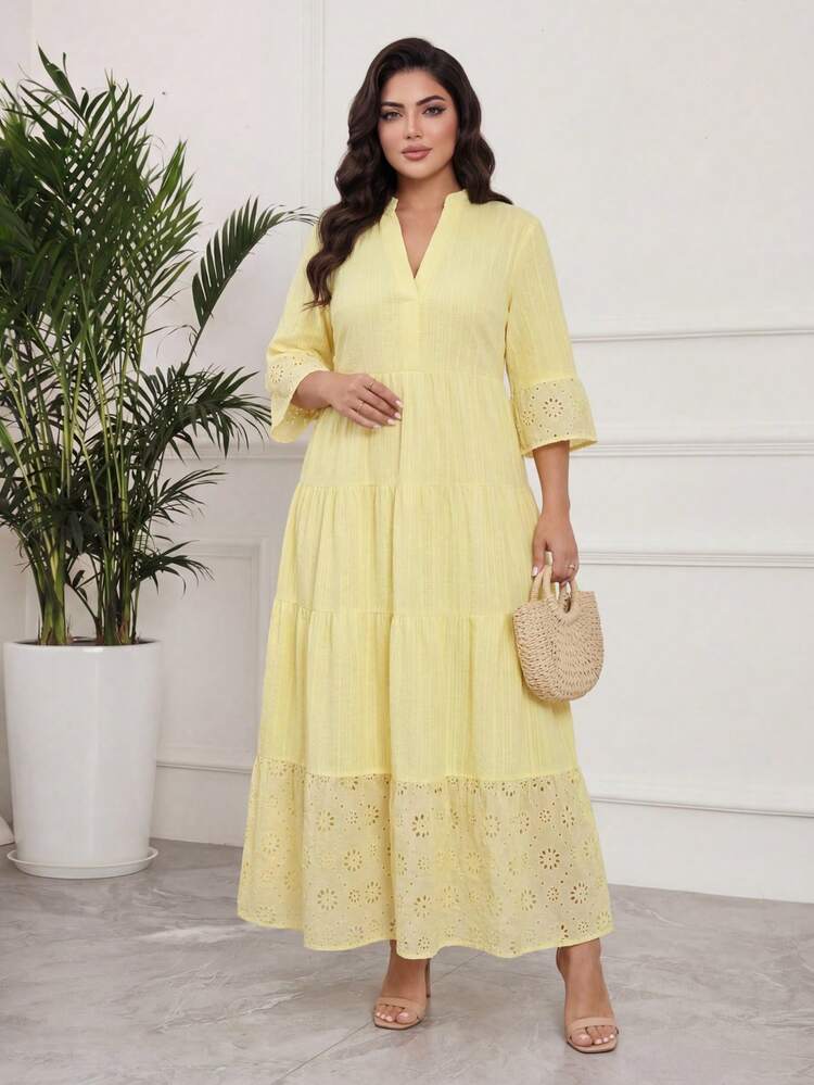 SHEIN Lady CURVE Plus-Size Women'S Embroidered V-Neck Elegant Fitted Waist Embroidered Dress,Women'S Formal Dress, Yellow Long Dress, Saudi National Day Attire, Saudi National Day Dress, Summer Dress, Long Party Dress, Elegant Party Dress,Women'S Graduation Dress, Long Graduation Dress,Prom Dress, Women'S Prom Dress, Women'S Formal Prom Dress, Prom Dress, Sparkly Dress, Nightclub Dresswomen'S Date Night Outfits, Bridal Mother'S Wedding Dresses, Women'S Formal Dresses, Luxury Dresses, Fashionable Evening Gowns 2026 New Styles, Elegant Party Dresses, Long Party Dresses, Fashionable Dresses, Women'S Formal Wear, Summer Dresses Elegant Party Dresses, Luxury Wear, Suitable For Various Occasions, Wedding Attire.Bell Cuffs Yellow Tiered Dress Light Yellow Dress Women Summer Modest Dress Eyelet Detail Dress Cottagecore Dress Music Festival Dress Yellow Church Dress Lemon Dress Women Pastel Yellow Dress French Style Dress Yellow Spring Dress Modest Spring Dress Modest Easter Dress - Yellow - View 7