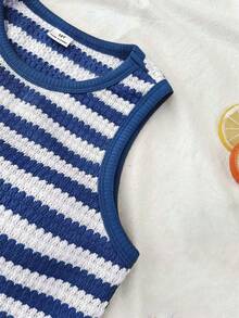 Bộ 2 món cho bé gái tuổi teen, gồm áo croptop dệt kim màu xanh navy và trắng, thích hợp mặc hàng ngày, đi biển, ăn trưa và dự tiệc. - Màu xanh hải quân - Xem 5