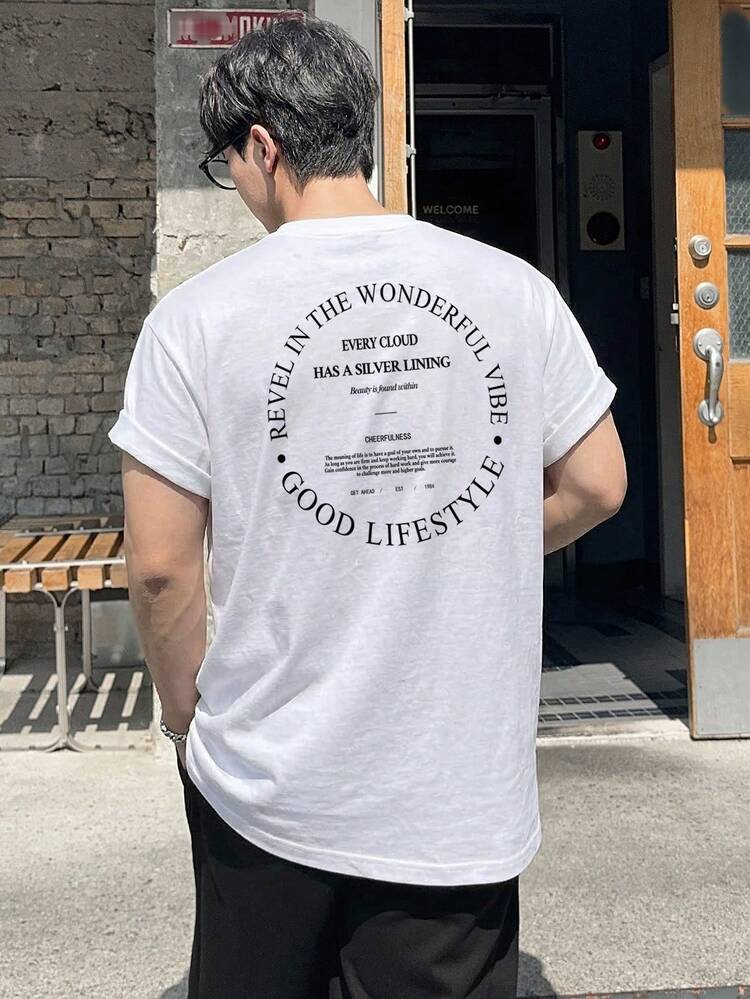 Men's Round Neck White T-Shirt With Letter Print Summer