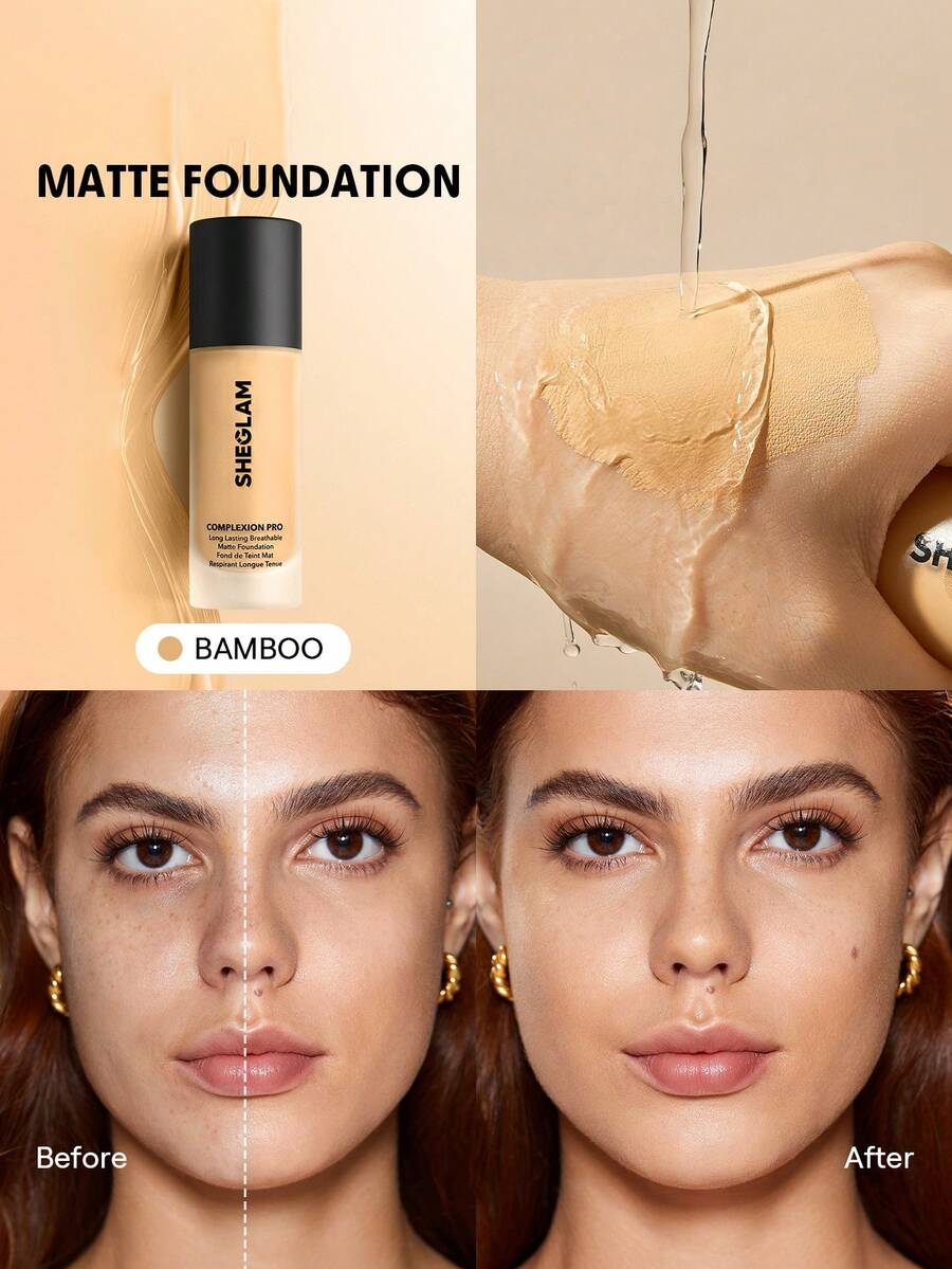 SHEGLAM Complexion Pro Long Lasting Breathable Matte Foundation-Bamboo Matte Long Lasting Full Cover Sweat Proof Foundation Oil Control Full Coverage Poreless Concealer Waterproof Long Lasting Full Cover Poreless Flawless Oil-Control Non-Fading Liquid Foundation Weightless Soft Foundation Brand Beauty Makeup Face Paint Cosmetic For Women Girls Perfect For Spring Summer Ideal For Y2K Fancy Fashion Suitable For Birthday Mother'S Day Gift Rave Party Ready Best Color - Bamboo - View 1