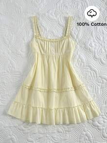 Elamini Đầm nữ, phối 3 lớp, viền bèo nhún, phong cách retro ngọt ngào và quyến rũ, kẻ sọc, đầm dáng chữ A bằng cotton nguyên chất, thích hợp cho kỳ nghỉ. - Vàng nhạt - Xem 1