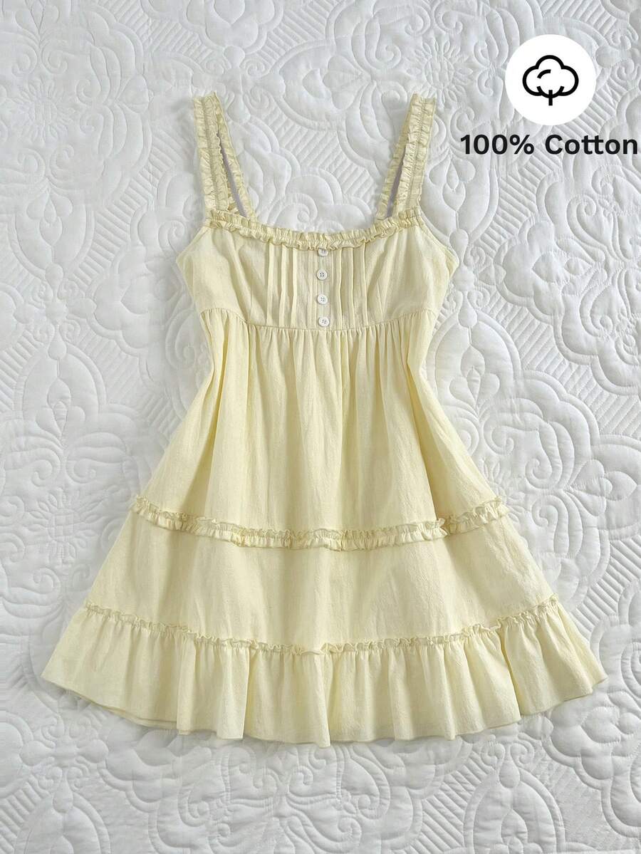 Elamini Đầm nữ, phối 3 lớp, viền bèo nhún, phong cách retro ngọt ngào và quyến rũ, kẻ sọc, đầm dáng chữ A bằng cotton nguyên chất, thích hợp cho kỳ nghỉ. - Vàng nhạt - Xem 1