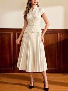 Vintamour 复古优雅女士套装，配有腰带、纽扣短袖上衣和百褶裙，休闲工作度假两件套，夏季连衣裙，夏季度假装，春季女装，春季连衣裙，春季服装，春假装，优雅派对礼服，优雅派对礼服，女士婚礼宾客礼服，婚礼派对礼服，毕业礼服，优雅典礼礼服，女士优雅礼服，正式礼服 - 米色 - 查看 6