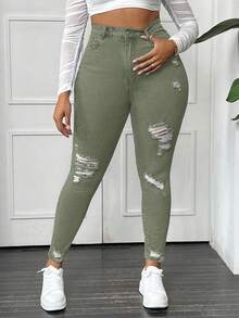 Slaydiva Plus Size Solid Color Minimalist Everyday Jeans Going Out Olive Green Summer - Army Green - View 1