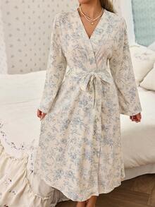CottageSlumber 女士印花长袖睡袍轻薄睡衣家居服女式睡袍 - 杏色 - 查看 2