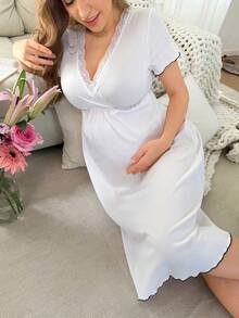 Bộ đồ mặc nhà cho bà bầu và cho con bú BloomMama cơ bản, giản dị, thời trang, màu be, chất liệu vải gân, viền ren. - trắng - Xem 4