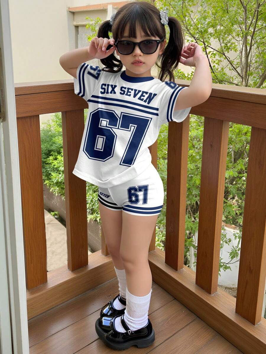 SHEIN 两件套少女休闲简约短袖紧身骑行短裤,适合夏季穿着,经典运动风格,印有数字 6、7 和文字“六”、“七”图案。 - 彩色 - 查看 1
