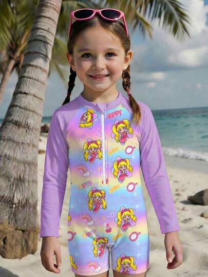 新款时尚女童连体长袖短裤泳衣，随机可爱印花少女泳装