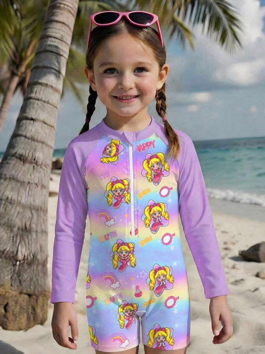 新款时尚女童连体长袖短裤泳衣，随机可爱印花少女泳装 - 彩色 - 查看 1