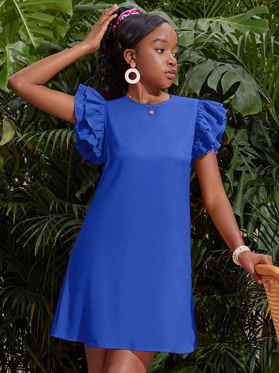 SHEIN Teen Girl Bright Fuchsia Cap Sleeve Ruffle Hem Loose A-Line Short Smock Dress, Casual Resort Wear - Royal Blue - View 1