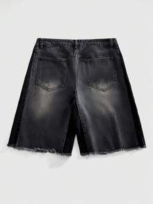 ROMWE MEN Men's Loose Fit Denim Shorts With Sparkling Diamond Embroidery Design - Black - View 3