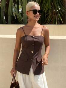 Livesso Áo camisole nữ màu trơn, đính cườm, cài cúc phía trước, ôm sát. - màu nâu - Xem 3