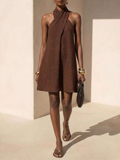 Zivah New Summer Casual Vacation Features A Loose-Fitting Cross-Neck Backless A-Line Silhouette Brown Linen Women Mini Dress, Suitable For Everyday Wear, Commuter,Vacations, Travel, Nomadic Style, Western Vibes, Beach, Brunch, Airport Outfits, Dates, Shopping, Afternoon Tea, Party-A
