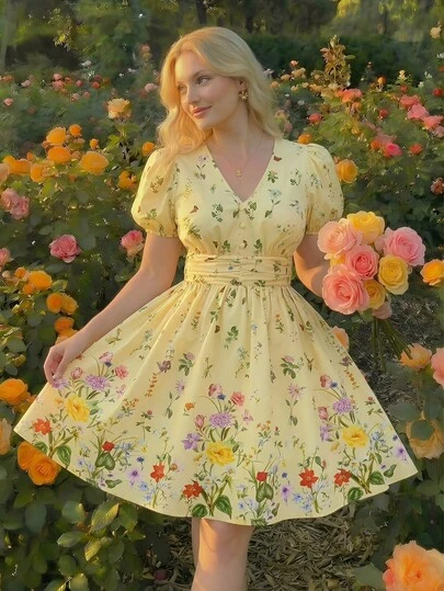 SHEIN MOD Plus Size Yellow Ditsy Floral Shirt Dress, Romantic Vacation Wear, Countryside Outing Outfit, Spring/Summer .Casual And Suitable For Everyday Wear, Perfect For Spring And Summer. Also Suitable For Valentine's Day, Dates, Carnivals, Beaches, Wedding Guests, Bridesmaids, Elegant Parties, Vacations, And More. A Stunning And Unique Pale Yellow Dress With A Spaghetti Strap Design, Perfect For Tea Parties