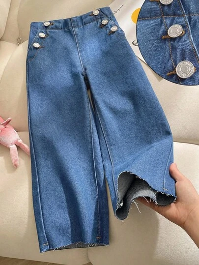 SHEIN Girls (Small) Dark Blue Denim Jeans, Button Design, Loose Wide-Leg Pants, Versatile