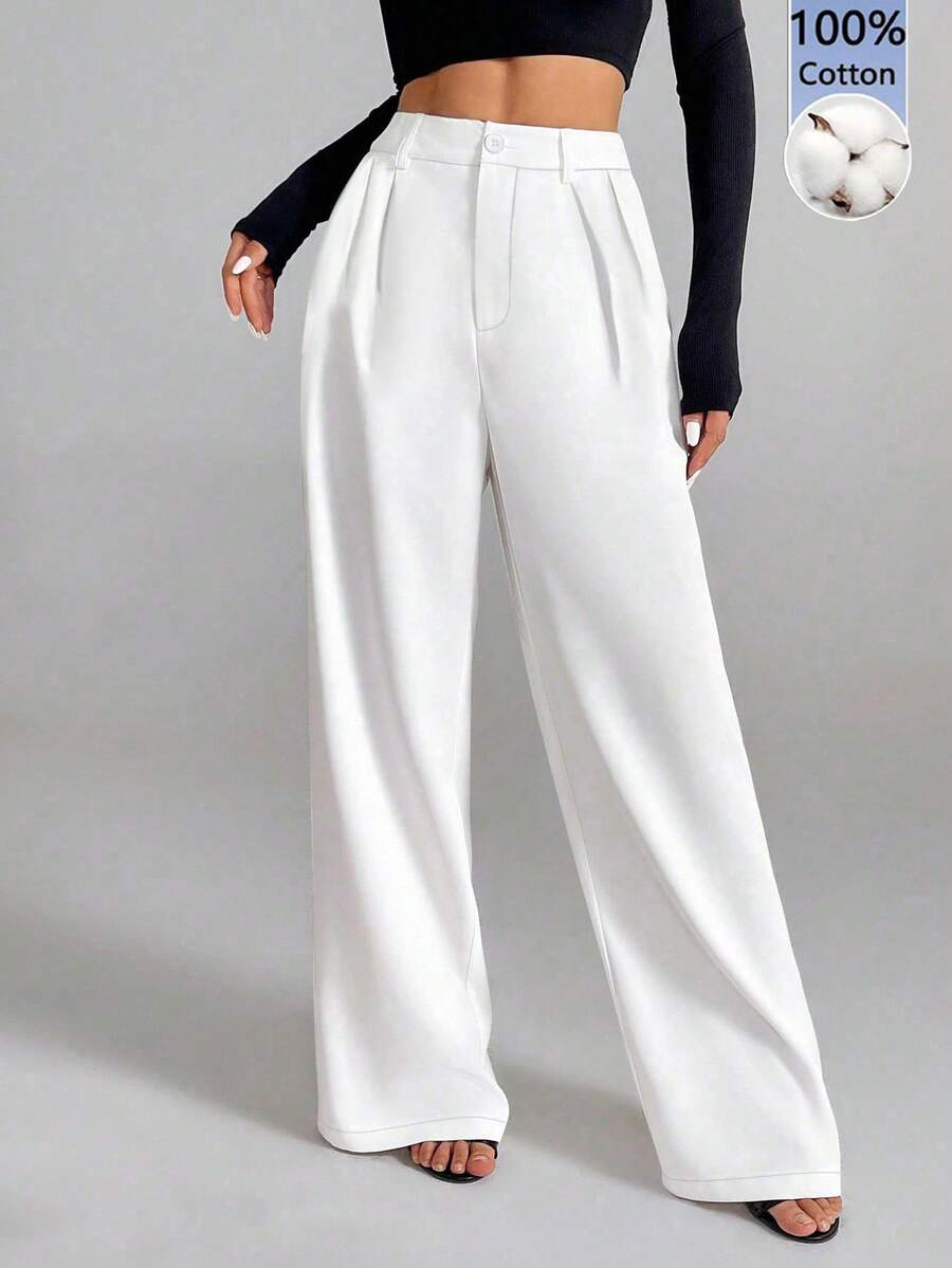 SHEIN PETITE Women's Elegant French Style White Suit Pants For Commuting And Back To School - White - View 1