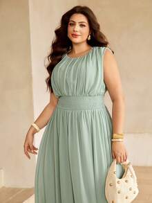 Roveilla Plus Size Women's Sage Green Summer Elegant Wedding Guest Long Dress,Round Neck Pleated Elastic Waist Sleeveless Lined Sheer Fabric Vintage Dress - Green - View 3