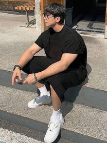 DAZY 男士黑色短袖圆领字母印花T恤，适合度假夏季穿着 - 黑色 - 查看 5