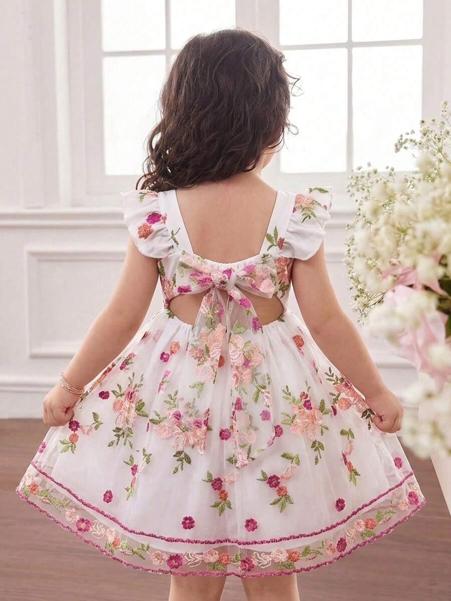 SHEIN Đầm công chúa thêu họa tiết vườn xuân, đầm hè lưới cho bé gái, đầm hoa nhí ngọt ngào. - trắng - Xem 1