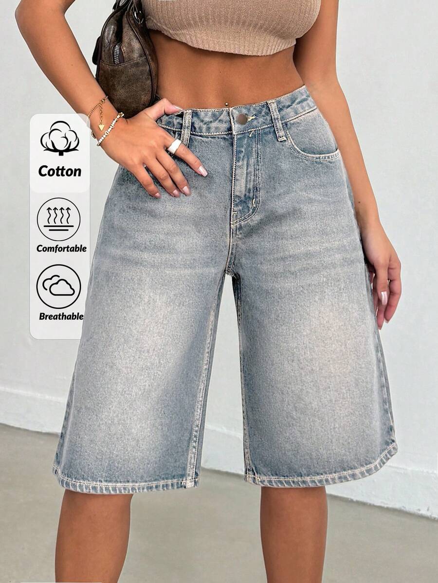 SHEIN Cottnline 100%Cotton VINTAGE WASH OVERSIZE LONG SHORT - Medium Wash - View 1