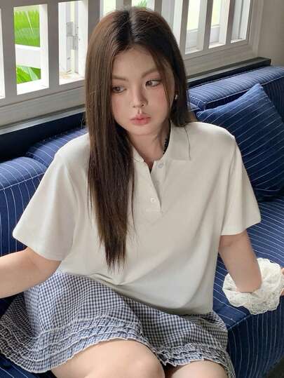 Dazy Plus Plus Size Women Solid Color Loose Polo Collar Short Sleeve White T-Shirt, Spring/Summer