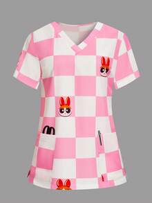 PopScrub THE POWERPUFF GIRLS X SHEIN 女士粉白格纹V领护士服上衣，可爱卡通大眼睛短袖护士服，甜美少女IP联名款制服 - 粉色 - 查看 10