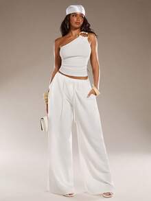 Normani 女士纯色褶皱不对称领无袖上衣 - 米色 - 查看 8