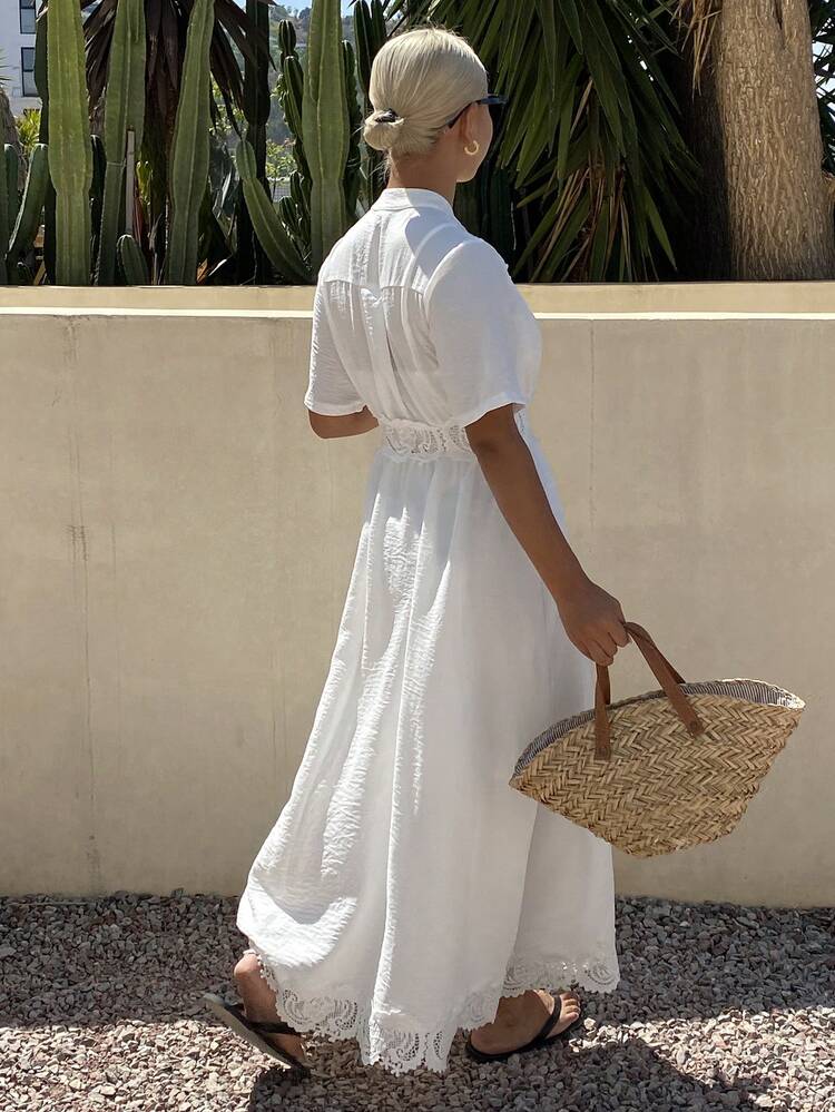 White Lace Patchwork Short Sleeve Waist Cinched Midi Dress, Suitable For Spring & Summer Vacation